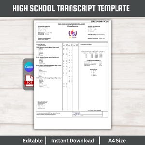 May include: A high school transcript template with the text "HIGH SCHOOL TRANSCRIPT TEMPLATE". The document includes student information, school details, and a cumulative summary. The template is editable and available for instant download in A4 size.