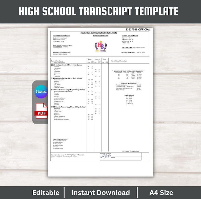 May include: A high school transcript template with the text "HIGH SCHOOL TRANSCRIPT TEMPLATE". The document includes student information, school details, and a cumulative summary. The template is editable and available for instant download in A4 size.