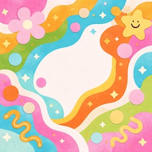 Può includere: Illustrazione astratta e colorata con un'atmosfera retrò. Il design presenta linee ondulate nei toni del rosa, arancione, giallo, verde e blu, insieme a stelle, cerchi e una stella gialla sorridente. Un grande spazio bianco è al centro.