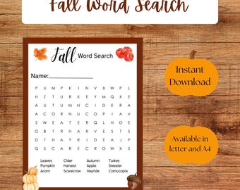 Fall Word Search Printable – Autumn Activity Worksheet for Kids, Easy Word Puzzle Game, Classroom, Homeschool, Thanksgiving Activity