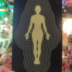 May include: A black metal plate with a yellow silhouette of a person surrounded by concentric circles.