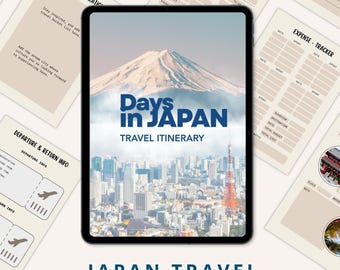 Peut inclure: Un modèle d'itinéraire de voyage numérique intitulé "Days in Japan" affiché sur une tablette. Le modèle présente une photo du Mont Fuji et un paysage urbain. Autour de la tablette se trouvent des pages avec des titres et du texte liés aux voyages.