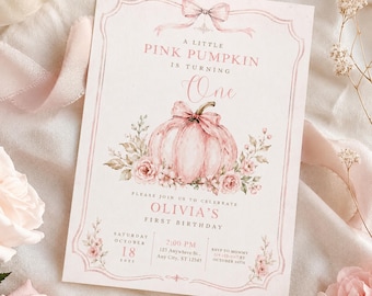 Pink Pumpkin Floral First Birthday Invitation | Watercolor Blush Floral (Digital Download)