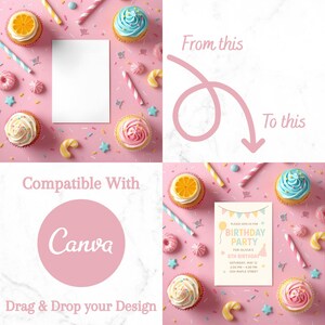 K&ouml;nnte beinhalten: Ein rosa Hintergrund mit Cupcakes, S&uuml;&szlig;igkeiten und einer Geburtstagseinladung. Die Einladung ist f&uuml;r einen 6. Geburtstag und ist mit Canva kompatibel. Das Bild zeigt eine leere Vorlage, die angepasst werden kann.