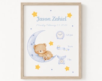 Personalized Baby Birth Print | Moon Teddy Bear Nursery Wall Art (Digital Download)