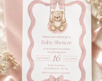Pink Teddy Bear Baby Shower Invitation Canva Template, Editable Girl Invite (Digital Download)