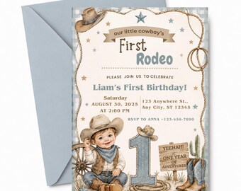 First Rodeo Cowboy Birthday Invitation, Western Blue Theme (Digital Download)