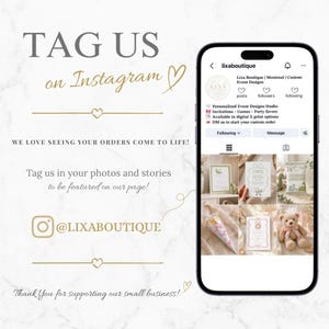 May include: A promotional image with text encouraging customers to tag the shop on Instagram. The image includes a smartphone displaying the shop's Instagram profile and examples of their products, such as invitations and party favors.
