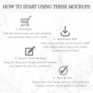 K&ouml;nnte beinhalten: Eine wei&szlig;e Grafik mit Anweisungen zur Verwendung von Mockups. Der Text lautet "So verwenden Sie diese Mockups" und enth&auml;lt Schritte zum Kauf, zum Herunterladen einer PDF-Datei, zum Einf&uuml;gen eines Designs und zum Speichern des Bildes f&uuml;r Etsy und Social Media.