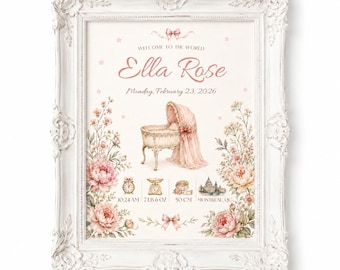 Vintage Baby Girl Birth Stats Print, Floral Nursery Wall Art (Digital Download)