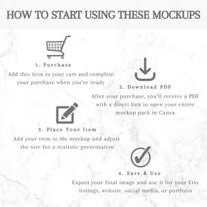 May include: A graphic with the text "HOW TO START USING THESE MOCKUPS" and numbered steps. The steps include purchasing, downloading a PDF, placing an item, and saving the image for Etsy listings.