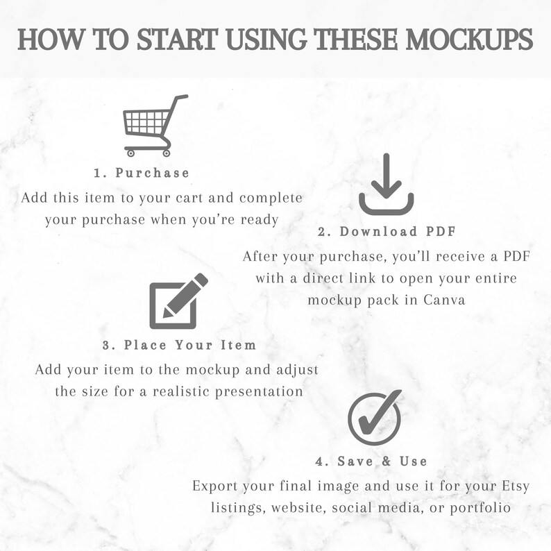May include: A graphic with the text "HOW TO START USING THESE MOCKUPS" and numbered steps. The steps include purchasing, downloading a PDF, placing an item, and saving the image for Etsy listings.