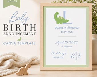 Dinosaur Baby Birth Announcement Template, Editable Newborn Stats Poster (8x10 Printable)