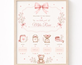 Baby Girl Birth Stats Poster – Coquette Nursery Decor, Editable Keepsake (8x10 Printable)