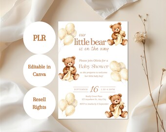 Teddy Bear Baby Shower Invitation Template | Beige Canva Invite (PLR License, Digital Download)