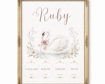 Personalized Swan Birth Stats Print, Vintage Floral Nursery Art (Digital Download)