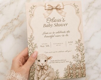 Editable Little Lamb Baby Shower Invitation, Neutral Beige Sheep Template (Digital Download)