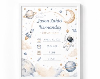 Personalized Baby Boy Birth Stats Poster, Watercolor Astronaut Space Nursery Art (Digital Download)