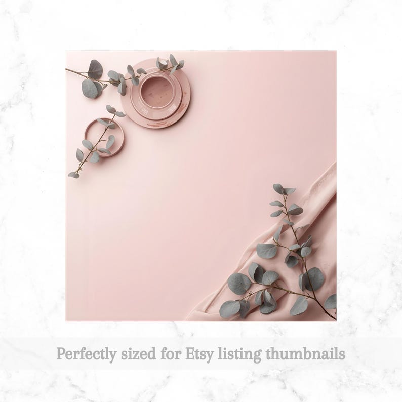 May include: A flat lay composition featuring a pink background with a pink teacup and saucer set, a small ring, and sprigs of eucalyptus. A pink fabric is draped in the corner. The text at the bottom reads: Perfectly sized for Etsy listing thumbnails.