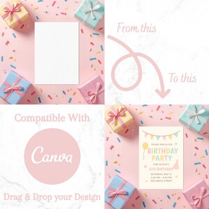 K&ouml;nnte beinhalten: Ein rosa Hintergrund mit einer leeren wei&szlig;en Karte, umgeben von verpackten Geschenkboxen in Pastellfarben und Konfetti. Das Bild enth&auml;lt den Text "Compatible With Canva" und "Drag & Drop your Design". Eine Geburtstagseinladung ist ebenfalls abgebildet.