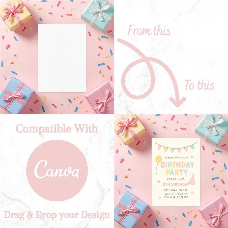 K&ouml;nnte beinhalten: Ein rosa Hintergrund mit einer leeren wei&szlig;en Karte, umgeben von verpackten Geschenkboxen in Pastellfarben und Konfetti. Das Bild enth&auml;lt den Text "Compatible With Canva" und "Drag & Drop your Design". Eine Geburtstagseinladung ist ebenfalls abgebildet.
