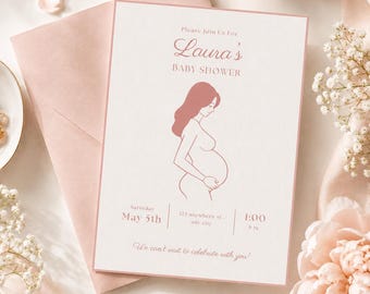 Editable Baby Shower Invitation, Pink Minimalist Canva Template (Digital Download)