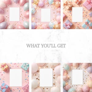 K&ouml;nnte beinhalten: Sechs Bilder mit wei&szlig;en rechteckigen Karten, umgeben von pastellfarbenen Luftballons, Konfetti und verpackten Geschenken. Der Text "WHAT YOU'LL GET" befindet sich in der Mitte des Bildes und erzeugt eine festliche Atmosph&auml;re.