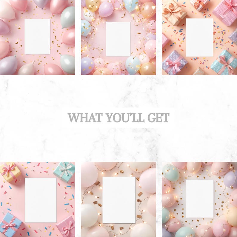 K&ouml;nnte beinhalten: Sechs Bilder mit wei&szlig;en rechteckigen Karten, umgeben von pastellfarbenen Luftballons, Konfetti und verpackten Geschenken. Der Text "WHAT YOU'LL GET" befindet sich in der Mitte des Bildes und erzeugt eine festliche Atmosph&auml;re.