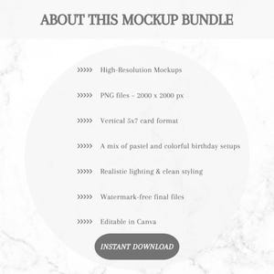 K&ouml;nnte beinhalten: Werbung f&uuml;r ein Mockup-Bundle mit dem Text "ABOUT THIS MOCKUP BUNDLE". Das Bild zeigt hochaufl&ouml;sende Mockups, PNG-Dateien, ein vertikales 5x7-Kartenformat und Canva-Bearbeitung. Der Button lautet "INSTANT DOWNLOAD".