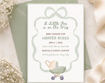 Sage Green Baby Shower Invitation, Vintage Carriage, Watercolor Bow (Digital Download)
