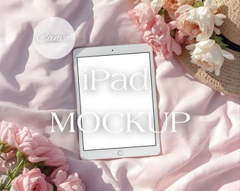 Pink Floral iPad Mockup for Canva | Feminine Styled Stock Photo (Digital Download)