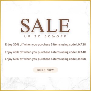May include: A promotional image with the word "SALE" in large, brown letters. Text below indicates up to 50% off. Additional text offers discounts with purchase of multiple items using specific codes. A "SHOP NOW" button is at the bottom.