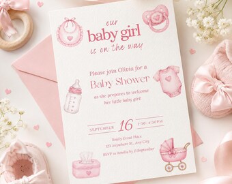 Editable Baby Girl Shower Invitation Template, Pink Watercolor Invite (Digital Download)