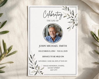 Funeral Invitation, Celebration of Life Invite, Memorial Service Template, Botanical Design (Digital Download)