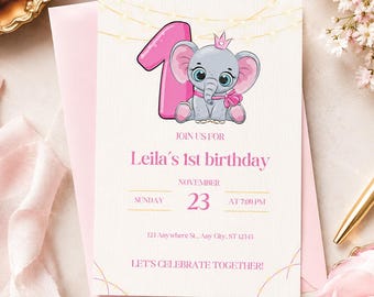 Baby Girl 1st Birthday Invitation | Elephant Princess Theme (Digital Download)
