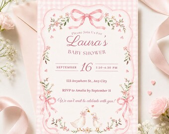 Pink Silly Goose Baby Shower Invitation, Watercolor Ducks, Gingham Bows (Digital Download)