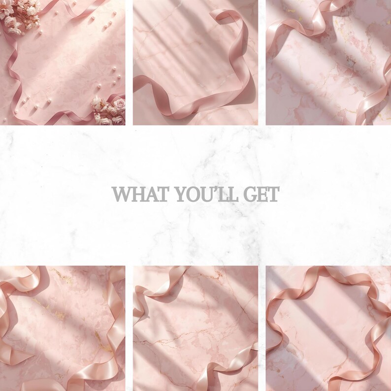 May include: A collection of six images with a pink marble background. Each image features a pink ribbon, with some including flowers and pearls. The text "WHAT YOU'LL GET" is displayed in the center.