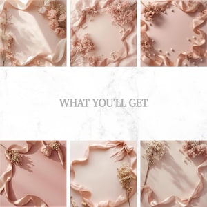 May include: A collection of six images with a soft pink background, adorned with delicate pink flowers, satin ribbons, and pearls. The text "WHAT YOU'LL GET" is displayed in the center. The overall aesthetic is feminine and elegant, perfect for a wedding or event.