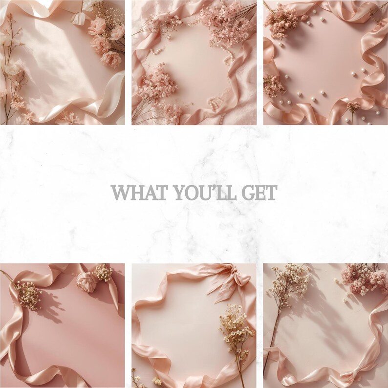 May include: A collection of six images with a soft pink background, adorned with delicate pink flowers, satin ribbons, and pearls. The text "WHAT YOU'LL GET" is displayed in the center. The overall aesthetic is feminine and elegant, perfect for a wedding or event.