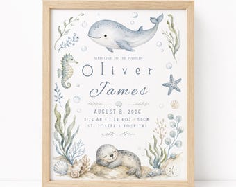 Baby Boy Birth Stats Print | Watercolor Whale Ocean Nursery Decor (Digital Download)