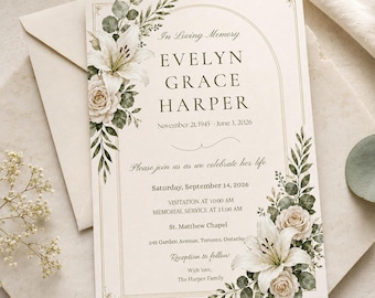 White Floral Funeral Invitation Canva Template, Editable Celebration of Life Memorial Card (Digital Download)