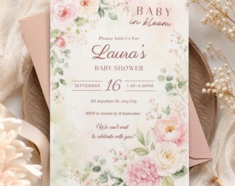 Baby in Bloom Baby Shower Invite, Editable Pink Floral Canva Template, Instant Download Invitation