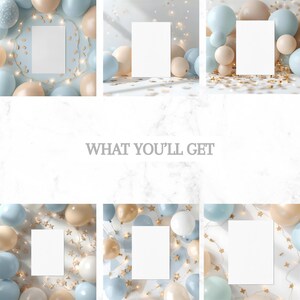 K&ouml;nnte beinhalten: Sechs Bilder mit leeren wei&szlig;en Karten, umgeben von pastellfarbenen Luftballons, Lichterketten und goldenem Konfetti. Der Text "WHAT YOU'LL GET" ist in der Mitte zu sehen. Ideal f&uuml;r die Pr&auml;sentation von Designs oder Ank&uuml;ndigungen.