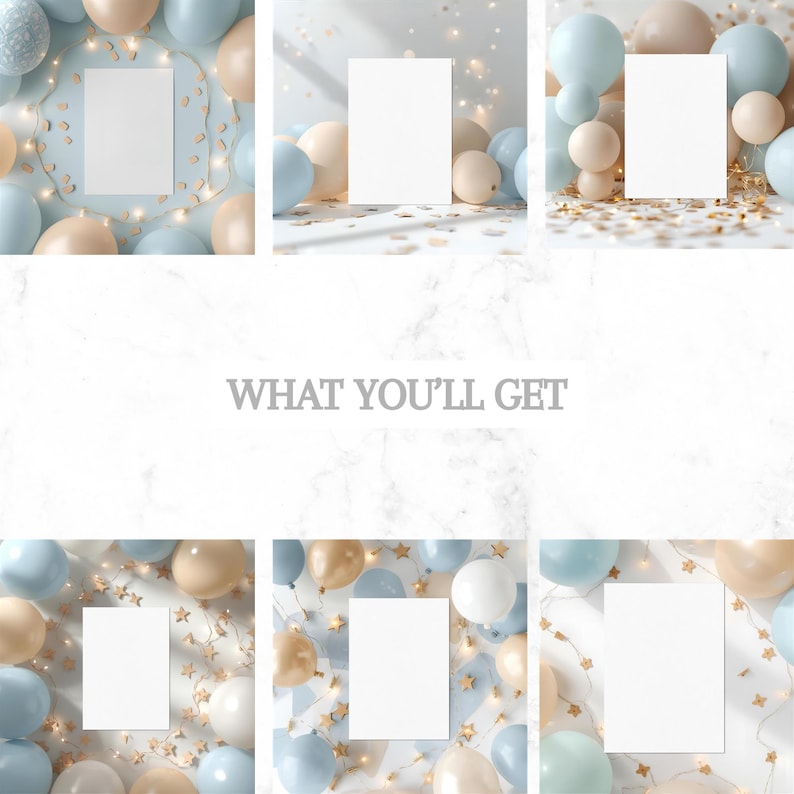 K&ouml;nnte beinhalten: Sechs Bilder mit leeren wei&szlig;en Karten, umgeben von pastellfarbenen Luftballons, Lichterketten und goldenem Konfetti. Der Text "WHAT YOU'LL GET" ist in der Mitte zu sehen. Ideal f&uuml;r die Pr&auml;sentation von Designs oder Ank&uuml;ndigungen.