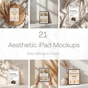 Puede incluir: Maquetas estéticas de iPad con varios diseños de sitios web. La imagen presenta múltiples iPads con diferentes diseños, incluyendo textos que dicen "Reveal your skin", "Photography for your business" y "HOME DESIGN". También es visible el texto "21 Aesthetic iPad Mockups".