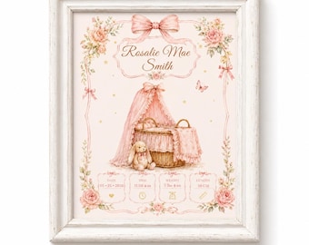 Vintage Floral Baby Girl Birth Stats Poster, Personalized Nursery Wall Art (Digital Download)