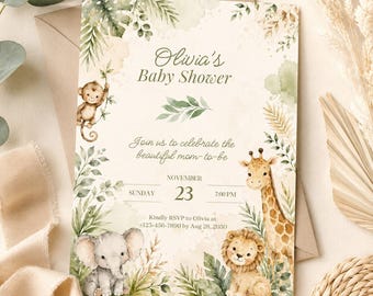 Safari Baby Shower Invitation Template | Jungle Animals, Neutral Tones Invite (Digital Download)