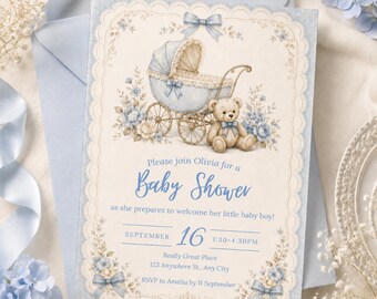 Vintage Teddy Bear Baby Shower Invitation, Blue Pram Boy, Canva Template (Digital Download)