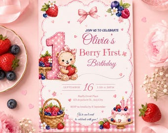 Berry First Birthday Invitation, Strawberry Girl Invite, Bear & Berries (Digital Download)