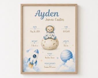 Space Birth Stats Print | Baby Boy Nursery Wall Art | Personalized Birth Announcement Poster